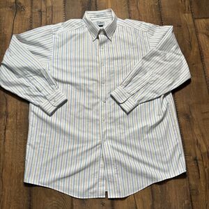 LL Bean Mens Wrinkle Resistant Cotton White Striped Button Down Shirt 16.5-33 L